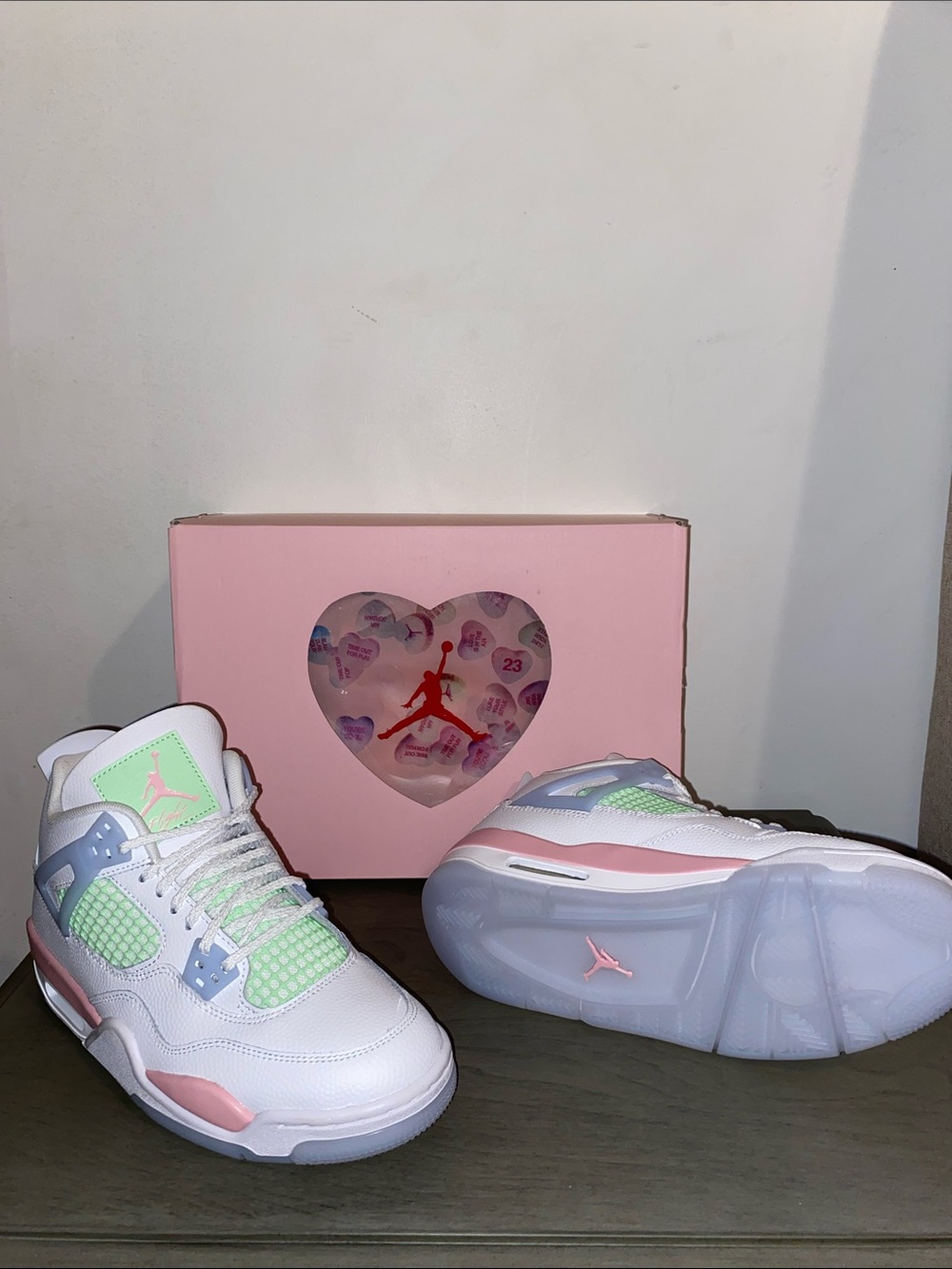 Brand new never worn, authentic, Jordan Air 4 Low — White, Pink & Mint Accent
